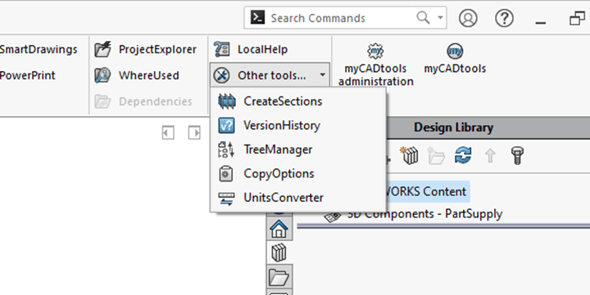 myCADtools interface showing options for organizing assembly trees in SOLIDWORKS.