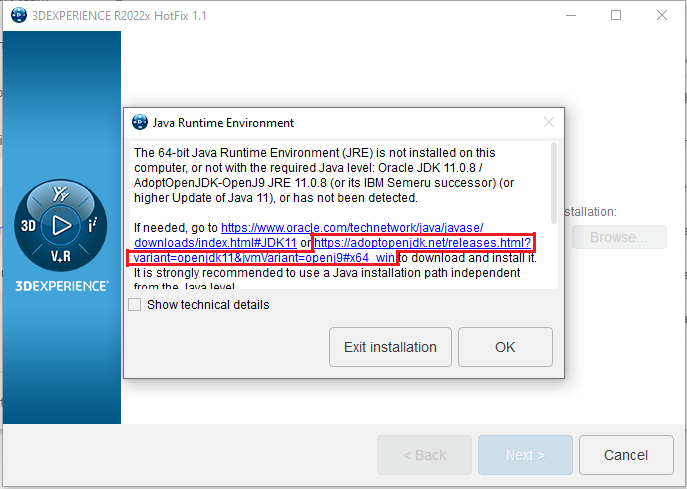 3DEXPERIENCE platform interface showing the installation process interrupted by a Java error.