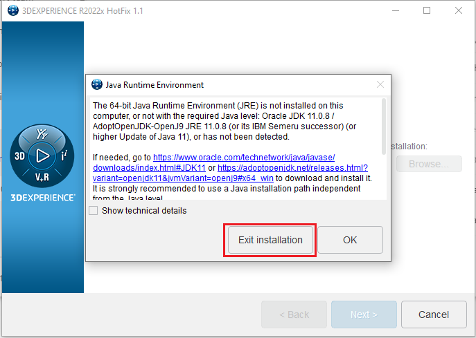 3DEXPERIENCE platform interface with a prompt to retry the installation after adjusting Java settings.