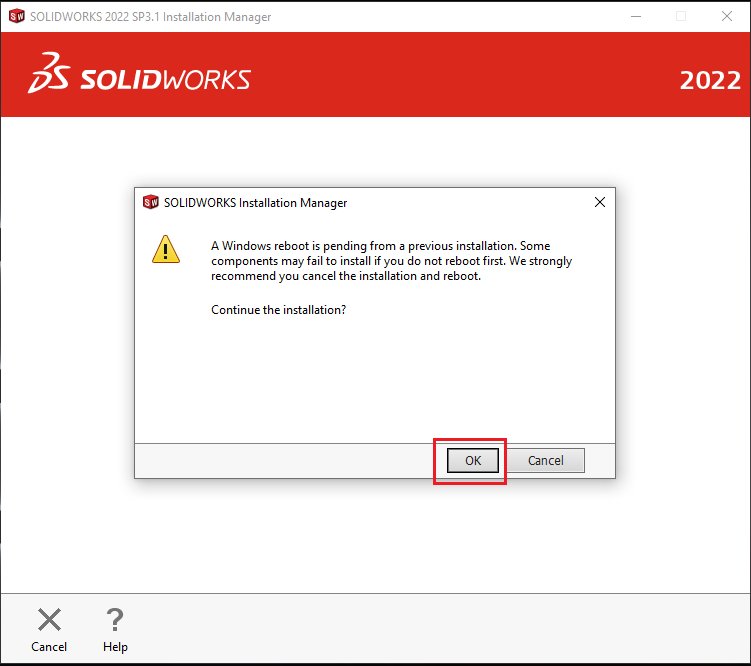 SOLIDWORKS Installation Manager showing the progress of downloading updates.